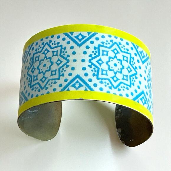 Vintage Brass Enamel Cuff Bracelet Blue Yellow Geometric Boho Modernist 1.5” - Picture 1 of 10
